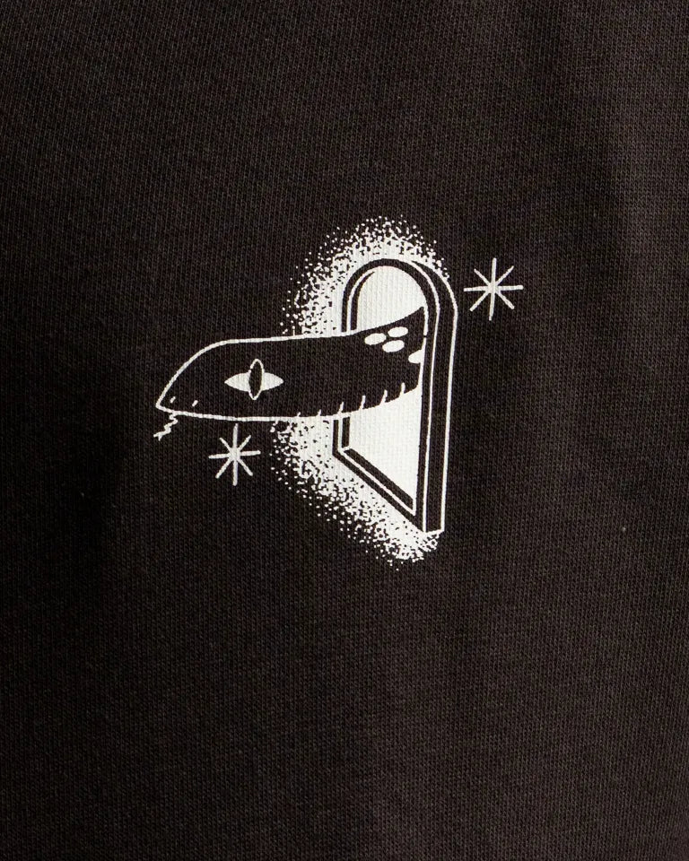 Snake Eyes Hoodie by Naji Al-Ali LMNBCK — black premium cotton hoodie with monochrome LMNBCK graphic illustration