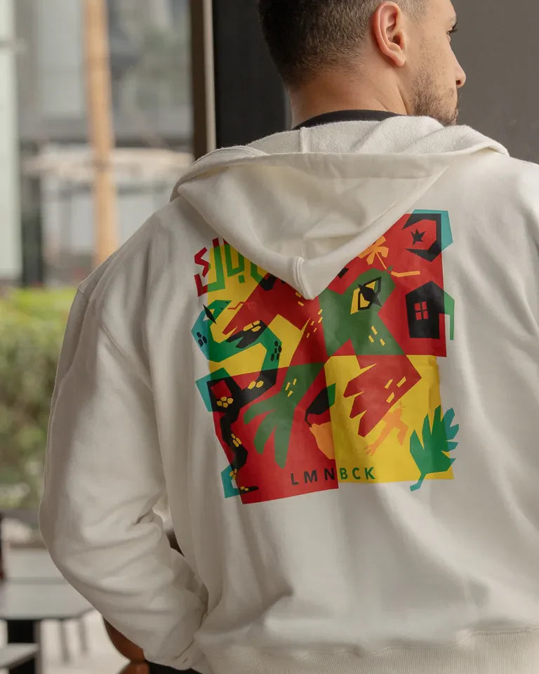 The Return Hoodie by Naji Al-Ali LMNBCK — premium cotton hoodie with bold colourful LMNBCK graphic illustration