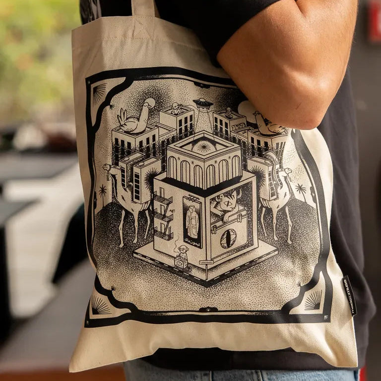 Call Me Tote Bag by Naji Al-Ali LMNBCK — natural canvas tote with detailed black and white LMNBCK illustration