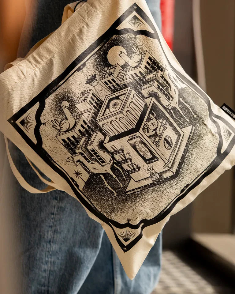 Call Me Tote Bag by Naji Al-Ali LMNBCK — natural canvas tote with detailed black and white LMNBCK illustration
