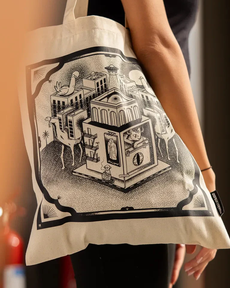 Call Me Tote Bag by Naji Al-Ali LMNBCK — natural canvas tote with detailed black and white LMNBCK illustration