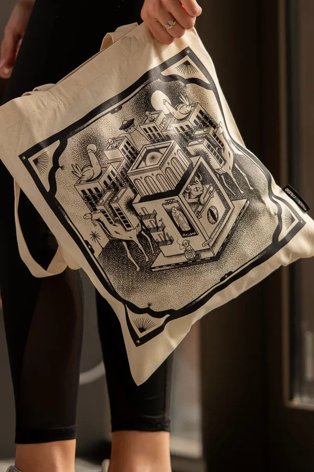 Call Me Tote Bag by Naji Al-Ali LMNBCK — natural canvas tote with detailed black and white LMNBCK illustration