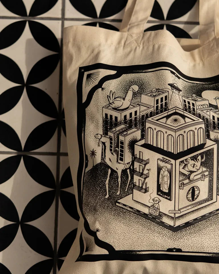 Call Me Tote Bag by Naji Al-Ali LMNBCK — natural canvas tote with detailed black and white LMNBCK illustration