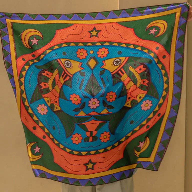 The Fish Silk Shawl by Toka Asal — premium silk scarf with Egyptian Tattoos twin fish illustration in bold colour