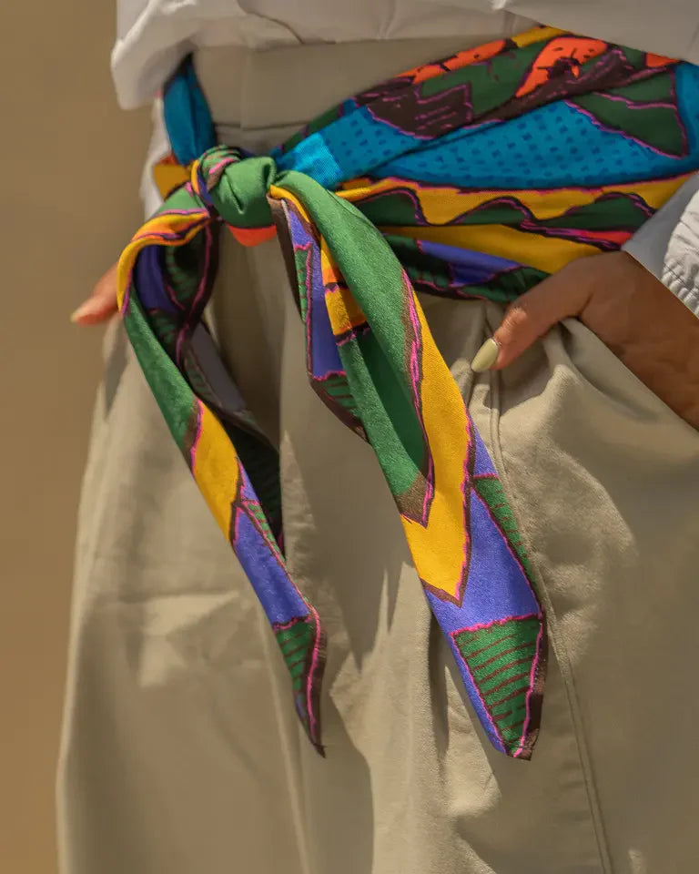 The Fish Silk Shawl by Toka Asal — premium silk scarf with Egyptian Tattoos twin fish illustration in bold colour