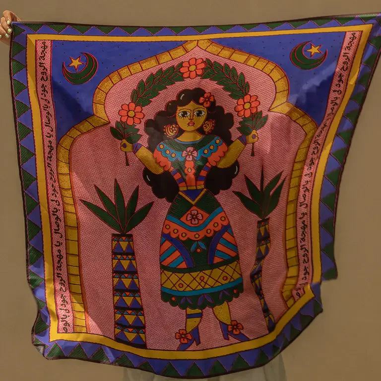 The Woman Silk Shawl by Toka Asal — premium silk scarf with Egyptian Tattoos illustration in folk-inspired design