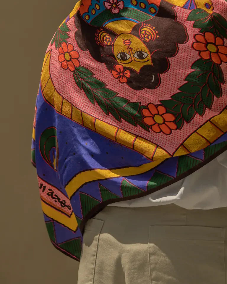 The Woman Silk Shawl by Toka Asal — premium silk scarf with Egyptian Tattoos illustration in folk-inspired design
