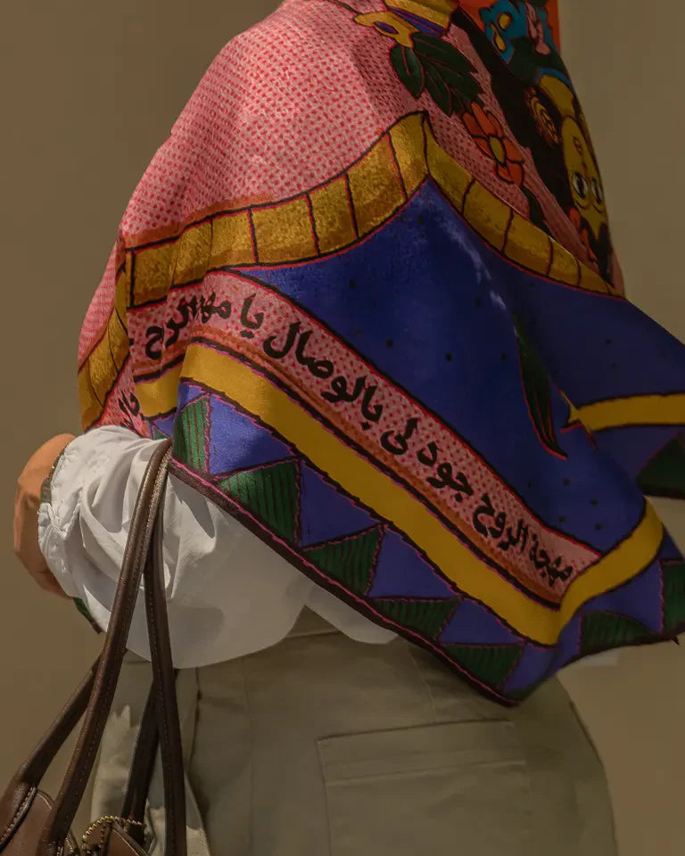 The Woman Silk Shawl by Toka Asal — premium silk scarf with Egyptian Tattoos illustration in folk-inspired design