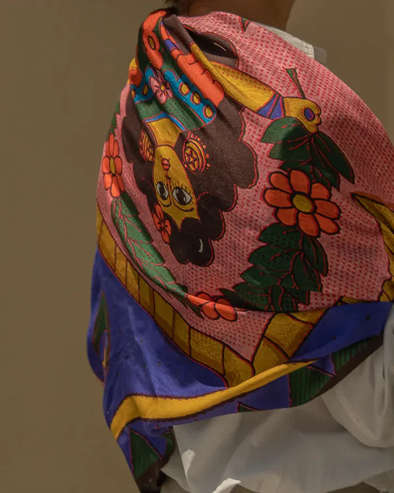 The Woman Silk Shawl by Toka Asal — premium silk scarf with Egyptian Tattoos illustration in folk-inspired design