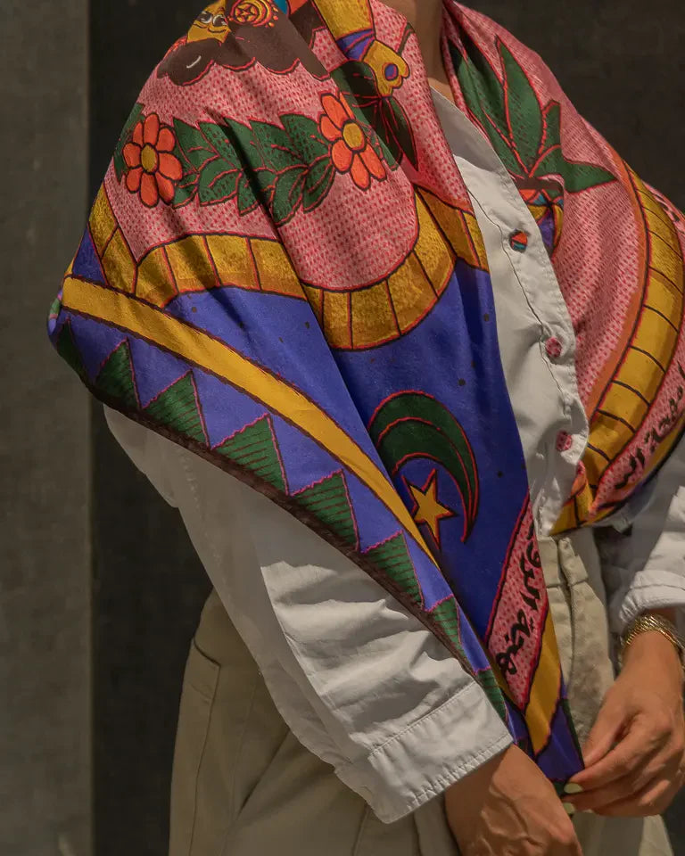 The Woman Silk Shawl by Toka Asal — premium silk scarf with Egyptian Tattoos illustration in folk-inspired design
