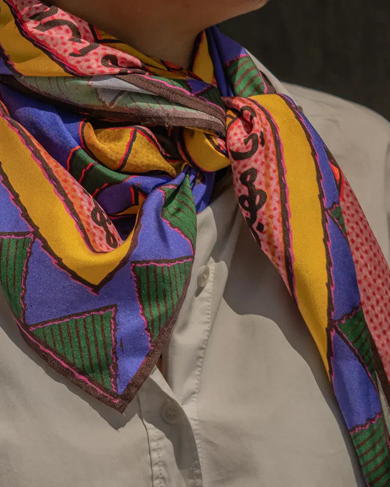 The Woman Silk Shawl by Toka Asal — premium silk scarf with Egyptian Tattoos illustration in folk-inspired design